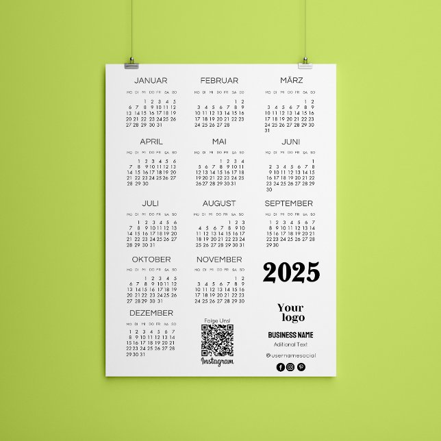 Convite Kalender Deutsch 2025 Calendário de Ano de Cheio Q (Kalender Deutsch 2025 Full Year Calendar Qr Code Invitation)