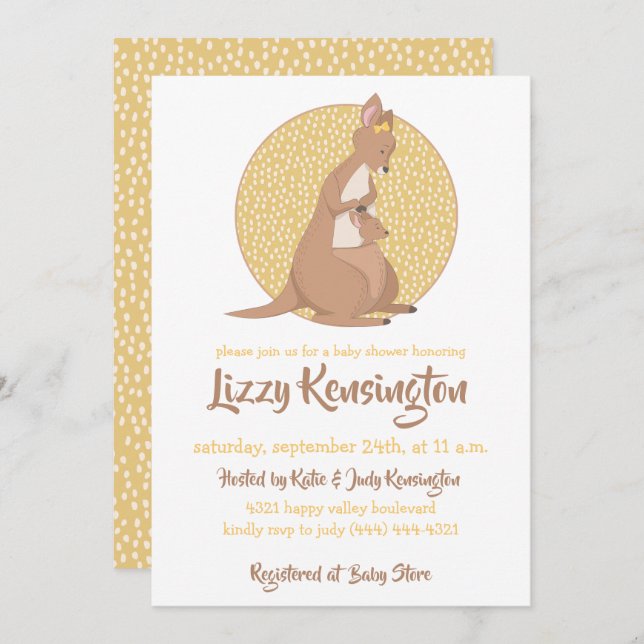 Convite Kangaroo Chá de fraldas Amarelo Sexo Neutro (Frente/Verso)