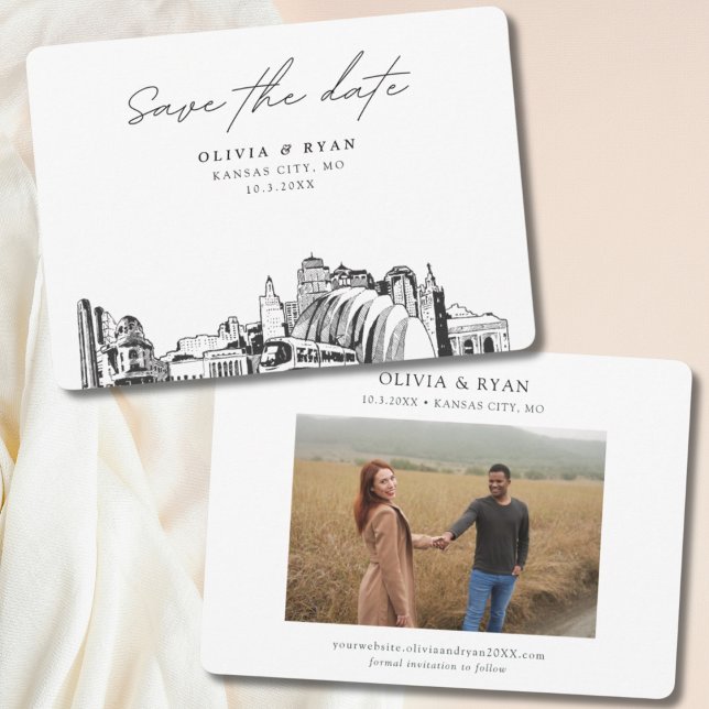 Convite Kansas City Wedding Modern Salve a Data (Kansas City wedding save the date skyline sketch with engagement photo)