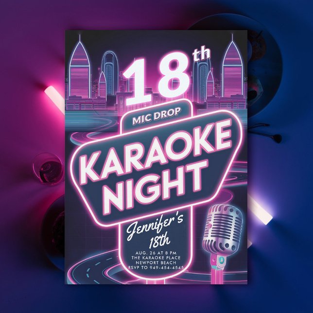 Convite Karaoke 90s Neon Pink Brilho Y2K 18º Aniversário (18th birthday party for girls karaoke night neon glow 90s millenial y2k funky chic)