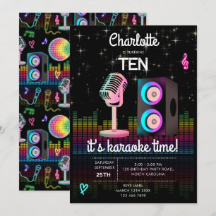 Convite Karaokê Neon Brilho Canto Música Festa Aniversário
