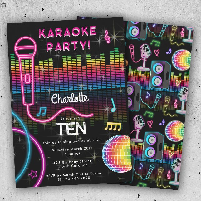 Convite Karaoke Neon Glow Birthday Singing Music Party  (Karaoke Neon Glow Birthday Singing Music Party Invitation)