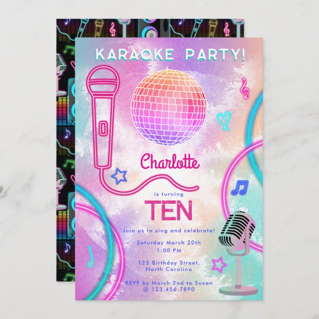 Convite Karaoke Neon Glow  Tie Dye Birthday Party  (Frente/Verso)
