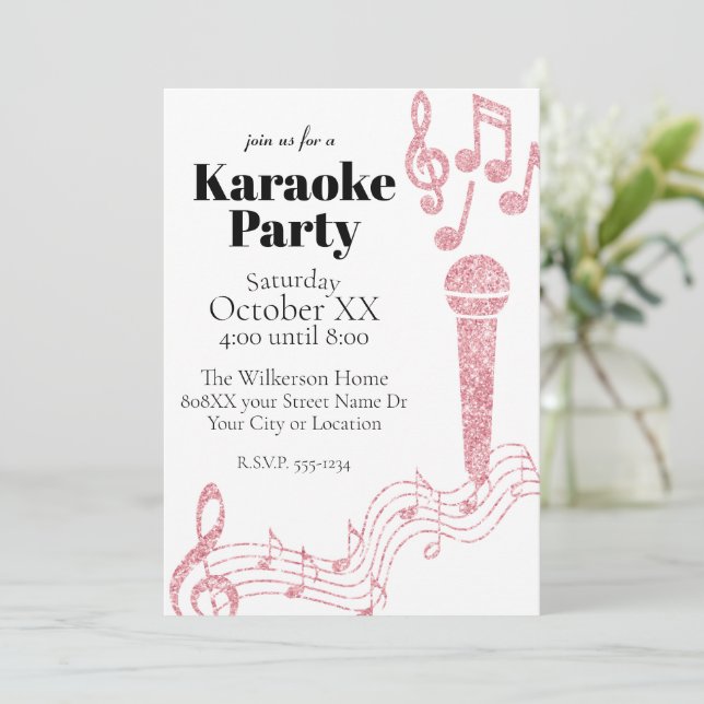 Convite Karaoke Party Pink Glitter Music Notes em Branco (Em pé/Frente)