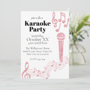 Convite Karaoke Party Pink Glitter Music Notes em Branco