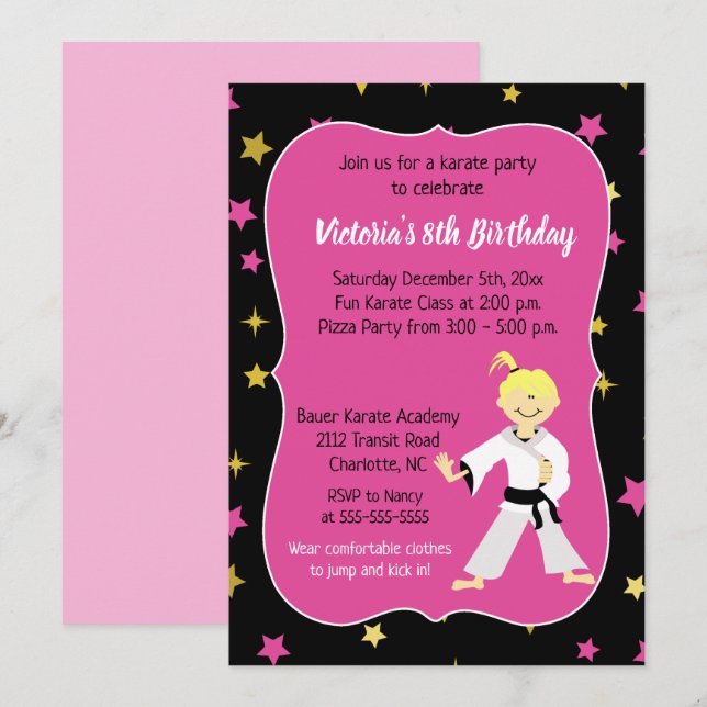 Convite Karate Birthday Invitation Girl Black Belt (Frente/Verso)