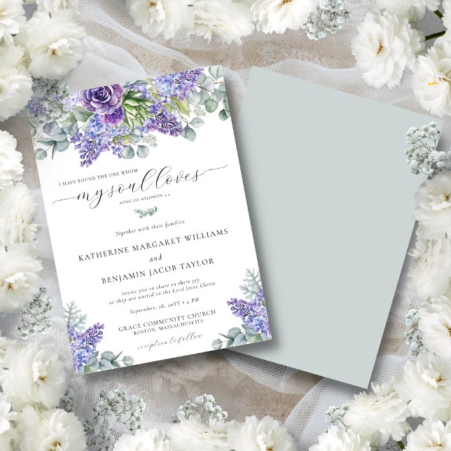 Convite Katherine Purple Floral Christian Faith Wedding (Katherine Christian wedding invitation with purple succulents and eucalyptus greenery.)