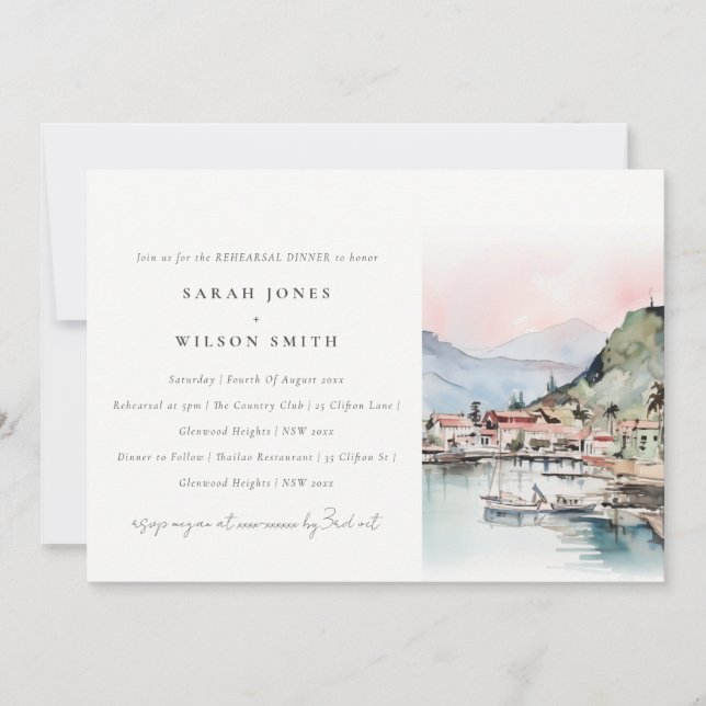 Convite Kauai Hawaii Watercolor Landscape Rehearsal Dinner (Frente)