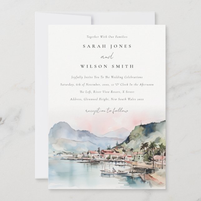Convite Kauai Hawaii Watercolor Landscape Wedding (Frente)