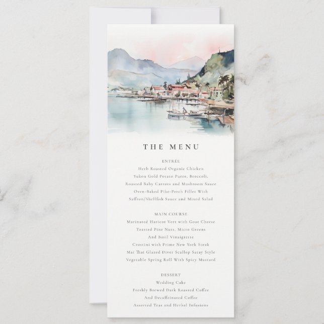 Convite Kauai Hawaii Watercolor Landscape Wedding Menu (Frente)