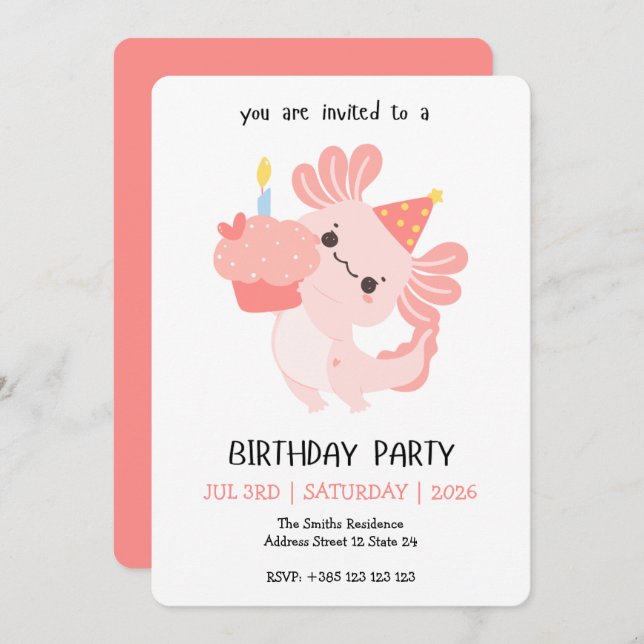 Convite Kawaii Axolotl Birthday Party Invitation (Frente/Verso)