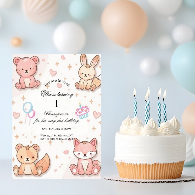 Convite Kawaii Baby Animal 1st Birthday Invitation (Criador carregado)