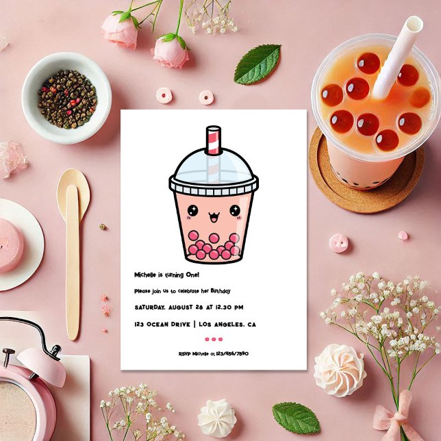 Convite Kawaii Boba Tea First Foto de Festa de aniversário (Kawaii Boba Tea First Birthday Party Photo Invitation)