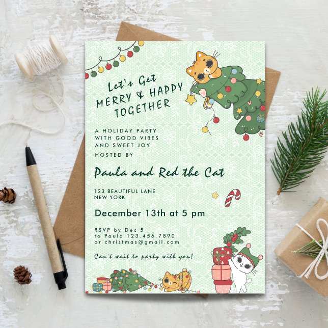Convite Kawaii Cute Cat & Christmas Tree Invitation (Kawaii Cute Cat & Christmas Tree Invitation)