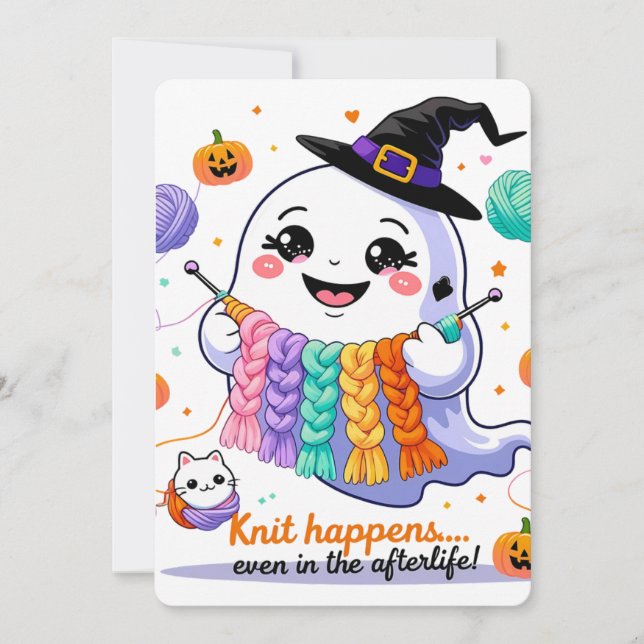 Convite Kawaii Ghost Knitting Halloween Vinheta (Frente)