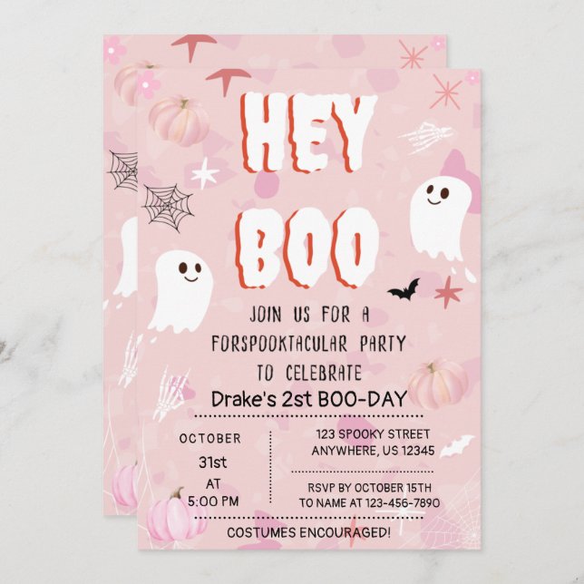 Convite Kawaii Halloween Rosa Fantasma Aniversário Ei Boo (Frente/Verso)