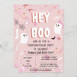 Convite Kawaii Halloween Rosa Fantasma Aniversário Ei Boo