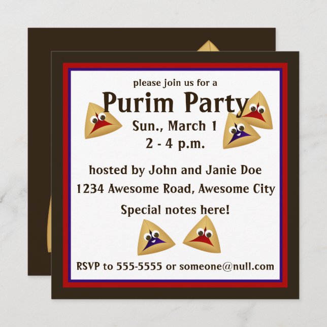 Convite Kawaii Hamentashen Purim (Frente/Verso)