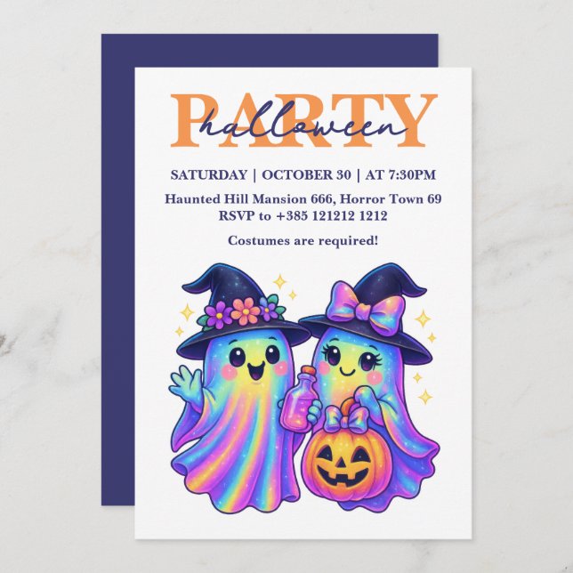 Convite Kawaii Holographic Retro Ghosts Festa de Halloween (Frente/Verso)