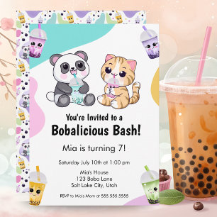 Convite Kawaii Panda & Tiger Bubble Tea Aniversário Infant