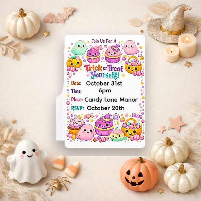 Convite Kawaii Pastel Chibi Fantasma Halloween (Criador carregado)
