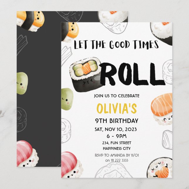 Convite Kawaii Sushi Good Times Roll Kids Adulto Aniversár (Frente/Verso)