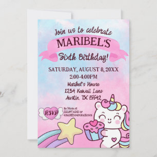 Convite Kawaii Unicorn Rainbow Pink Blue Birday
