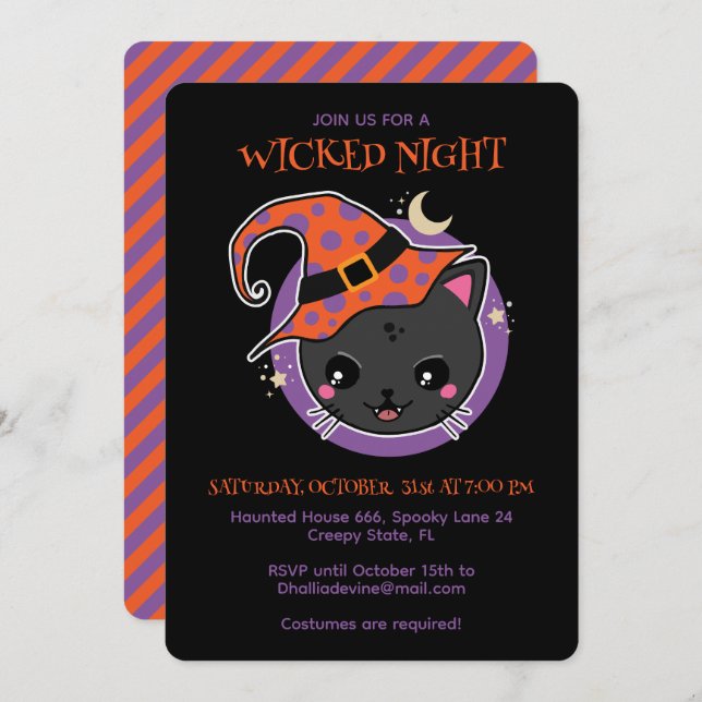 Convite Kawaii Witch Cat Halloween Party (Frente/Verso)