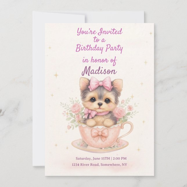 Convite Kawaii Yorkie Teacup Girl’s Birthday Invitation (Frente)