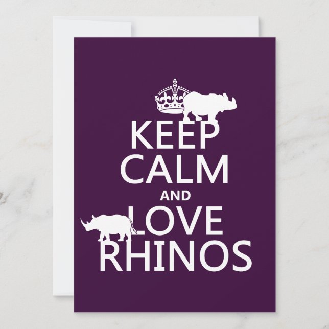 Convite Keep Calm and Love Rhinos (qualquer cor de fundo) (Frente)