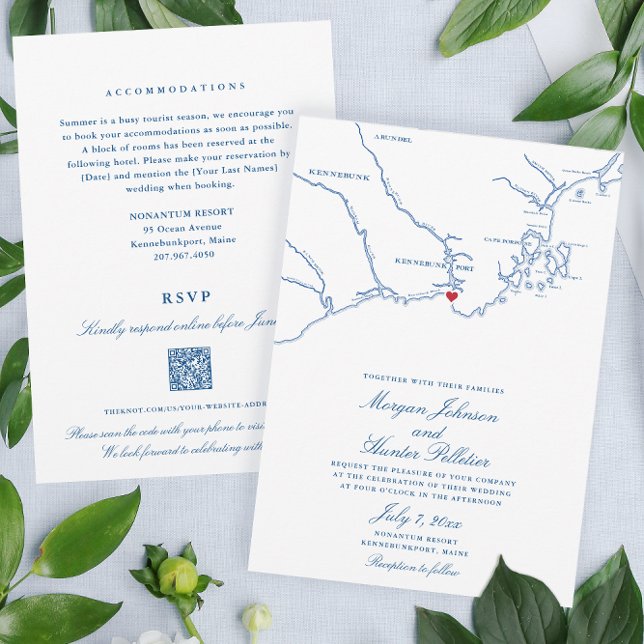Convite Kennebunkport Código QR de confirmação de casament (These double sided Kennebunkport Wedding invitations save paper and stamps with a QR code RSVP)