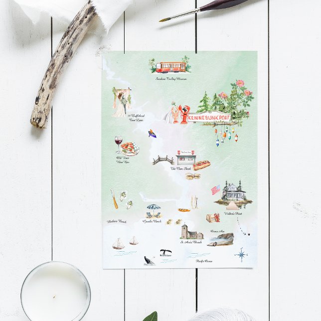 Convite Kennebunkport Maine | Mapa de Casamento Ilustrado (Criador carregado)