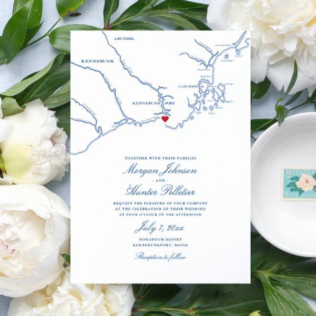 Convite Kennebunkport Maine Mapa Naval Elegante Casamento (Navy Blue Kennebunkport Map Wedding invitations for a destination wedding at Nonantum Resort)