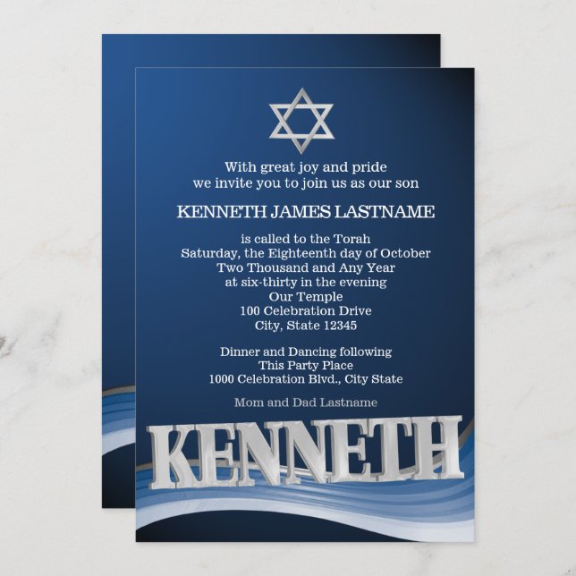 Convite Kenneth Steel Wave Name Bar Mitzvah (Frente/Verso)
