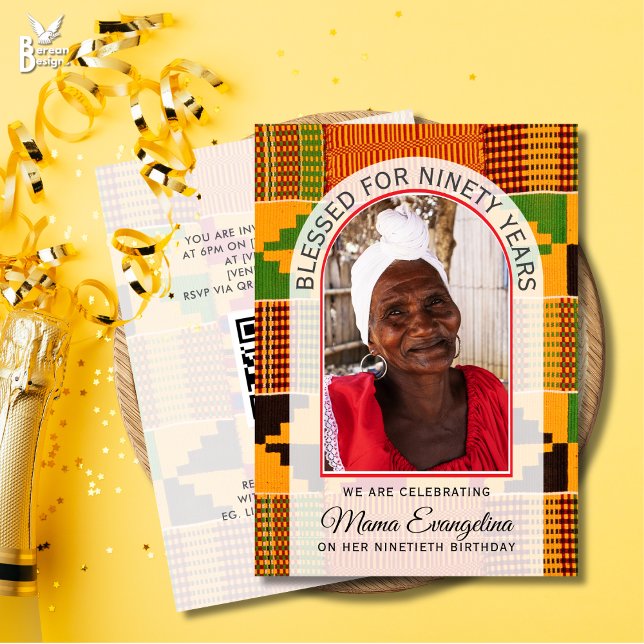 Convite Kente Photo BLESSED 90TH BIRTHDAY (BLESSED FOR NINETY YEARS ethnic kente photo design for 90th birthday celebrations)