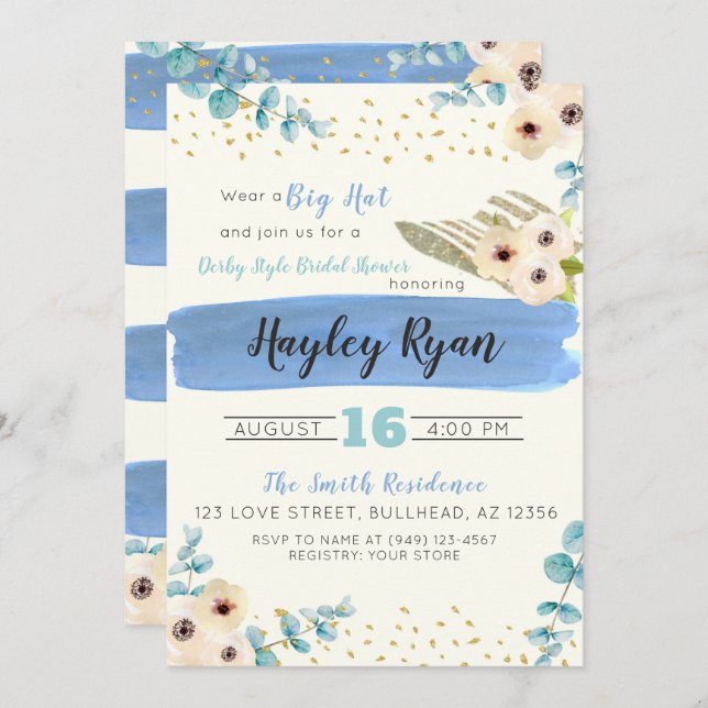 Convite Kentucky Derby Big Hat Chá de panela Eucalyptus (Frente/Verso)