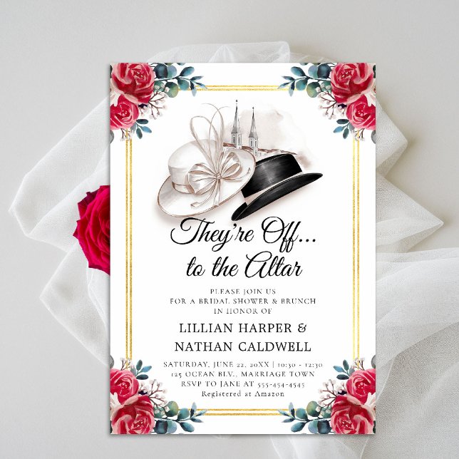 Convite Kentucky Derby Wedding Chá de panela Double Frame (kentucky derby bridal shower invitation red roses churchill spires horse racing theme faux gold)