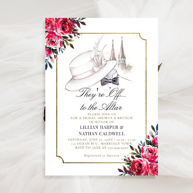 Convite Kentucky Derby Wedding Chá de panela Frame (kentucky derby bridal shower invitation red roses churchill spires horse racing theme gold frame)