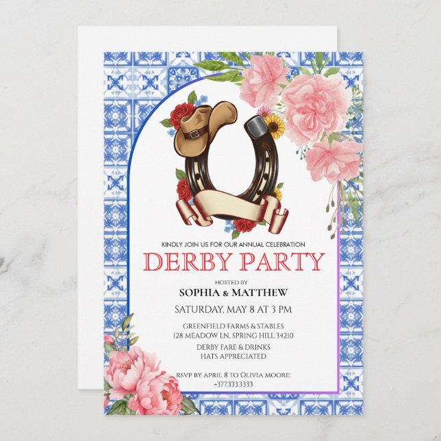 Convite Kentucky Derby Wedding Invitation Floral Blue (Frente/Verso)