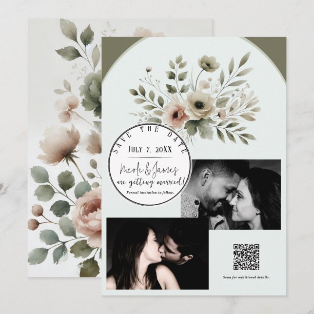 Convite Khaki Olive Green Watercolor Floral Salvar Data (Frente/Verso)