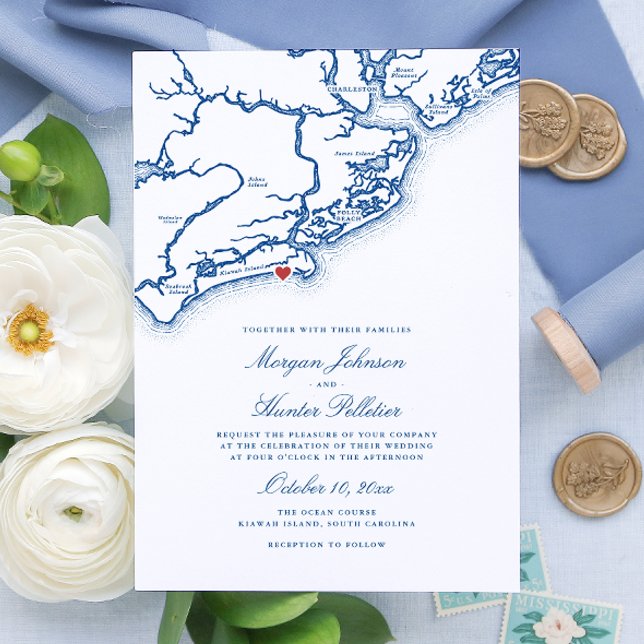 Convite Kiawah Island SC Map Elegante Marinho Casamento Az (Kiawah Island SC Map Wedding Invitation for an Elegant Navy Blue Destination Wedding )