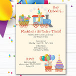 Convite Kid Birthday Train<br><div class="desc">Salto a bordo! O Comboio de Aniversário está indo para seus convidados, trazendo boas notícias de uma Festa de aniversário divertida e colorida à frente! A ilustração original deste cartão fofo está cheia de carros brancos, presentes, bolo, balões e animais fofos. Seus hóspedes saberão que eles estão em uma divertida...</div>