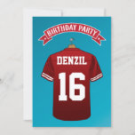 Convite Kids American Futebol Jersey Burgandy Birthday<br><div class="desc">Crianças personalizadas convites de aniversário de futebol americano com um legal fundo azul desbotado e uma camisa de futebol americano branca e burgandia que você pode personalizar com seu nome e idade infantis, pelo contrário é uma bola de futebol e os detalhes de aniversário podem ser personalizados de acordo com...</div>