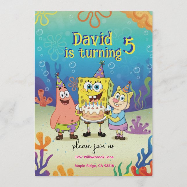 Convite Kids Birthday Invitation cute Cartoon Sponge Theme (Frente)