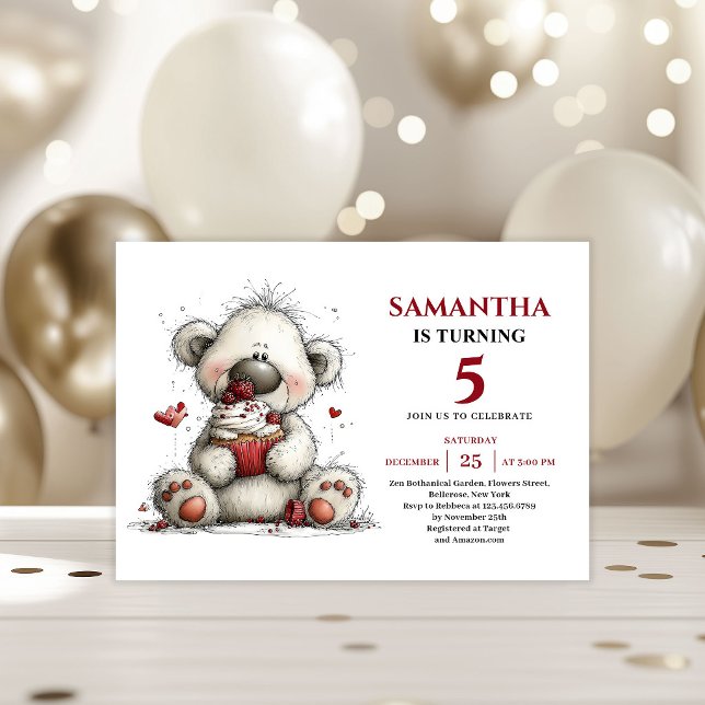 Convite Kids Birthday Invitation Whimsical Teddy Bear (Modern Whimsical animals Party Art kids birthday invitation)