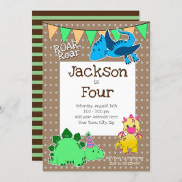Convite Kids Brown Dinosaur 4º Festa de Aniversário