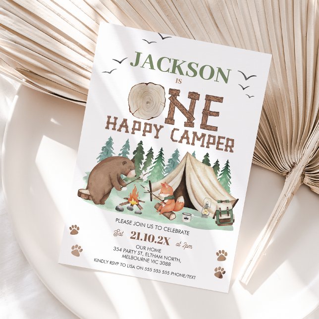 Convite Kids Brown Green Um primeiro aniversario de campo  (One Happy Camper 1st Birthday Invitation Template Editable Bear Tent Camp Fire, Camping Themed)
