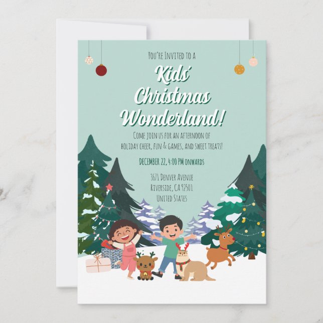 Convite Kids Christmas Wonderland Party Holiday Forest  (Frente)