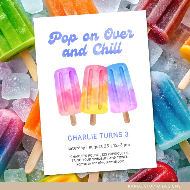 Convite Kids Colorida Popsicle Summer aniversário de 3 ano (Invite shown in 5 x 7 inches, choose size, paper and corner style. Buy print or digital invitations)