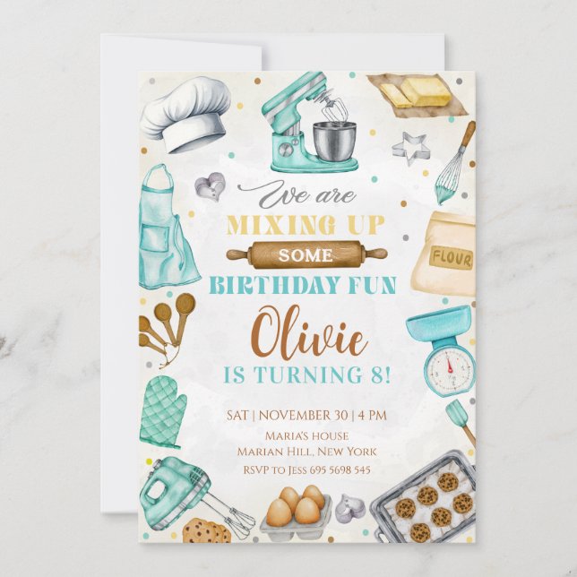 Convite Kids Cooking Birthday, Kitchen Baking Chef  (Frente)